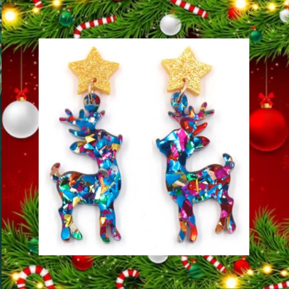 🍏50% OFF/3+...Sparkly Acrylic Reindeer Dangle Christmas Earrings - Picture 1 of 4
